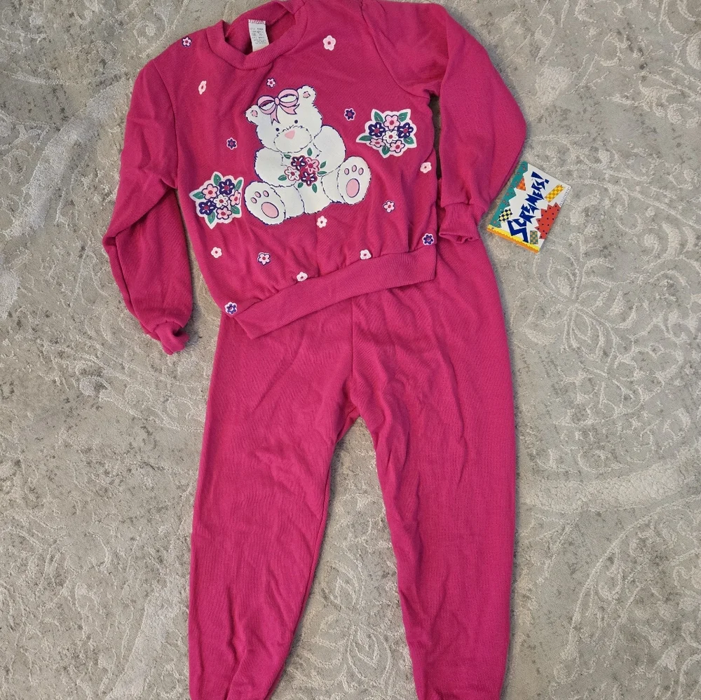 Vintage 1990s Fuschia Pink Teddy Bear Print Sweatsuit 2pc Set NWT